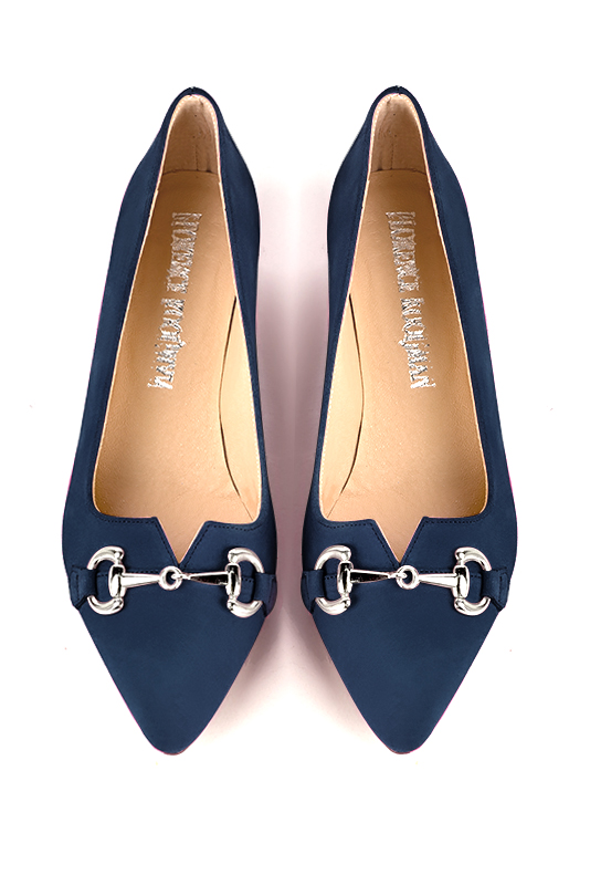 Navy blue women's dress pumps,with a square neckline. Tapered toe. Low flare heels. Top view - Florence KOOIJMAN